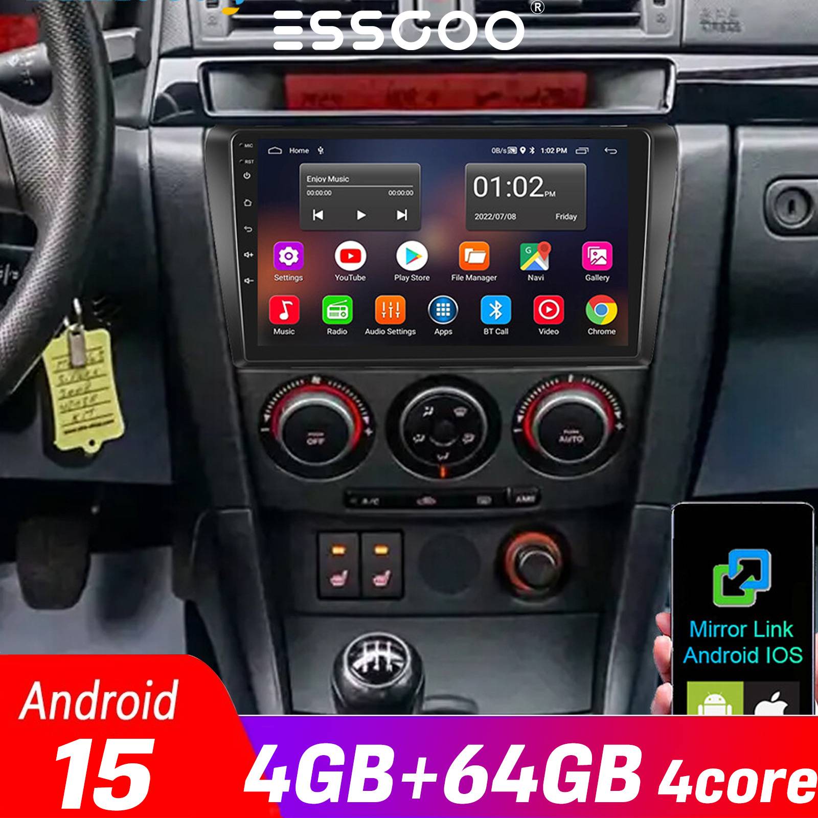 4GB+64GB Wireless CarPlay Apple Android Auto Radio for MAZDA 3 2004 2005 2006 2007 2008 2009 WIFI Bluetooth Multimedia Screen Stereo GPS,RDS,Camera ESSGOO