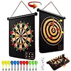 LiRiQi Magnetisk darttavla barn med 12 säkra darts, spel för barn/vuxna inomhus och utomhus, dubbelsidig darttavla fritid, sport, presenter till barn 4–12 år, 38 cm, 2 krokar