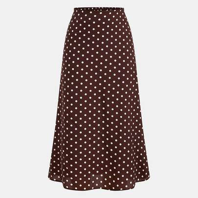Elegant vintageinspirerad brun midikjol med prickigt mönster och hög midja för tonårstjejer (14Y,13Y,16Y,15Y)