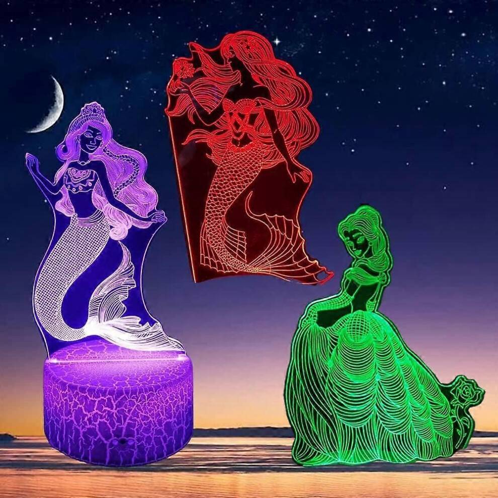 Mermaid 3D Illusionslampa för barn, Princess Night Light (3 mönster), 16 Colors Changing Touch och fjärrkontroll