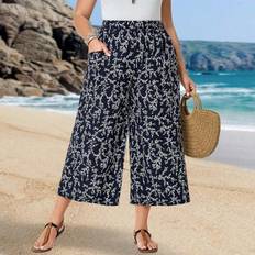 Plus Size Women Vacation Loose Wide Leg Plant Print Trousers - Navy Blue - 0XL,1XL,2XL,3XL,4XL