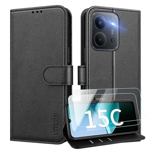 UITUIM Mobiltelefonfodral för Xiaomi Redmi 15C 5G/4G, vikbart fodral, läderfodral med 2 glasskydd för skärmen, skyddsfodral för Redmi 15C 5G/4G, vikbart fodral med kortplats