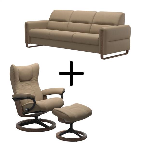 Stressless kombinations-sæt - Wing lænestol med skammel + 3 pers. Fiona sofa - Paloma læder Funghi