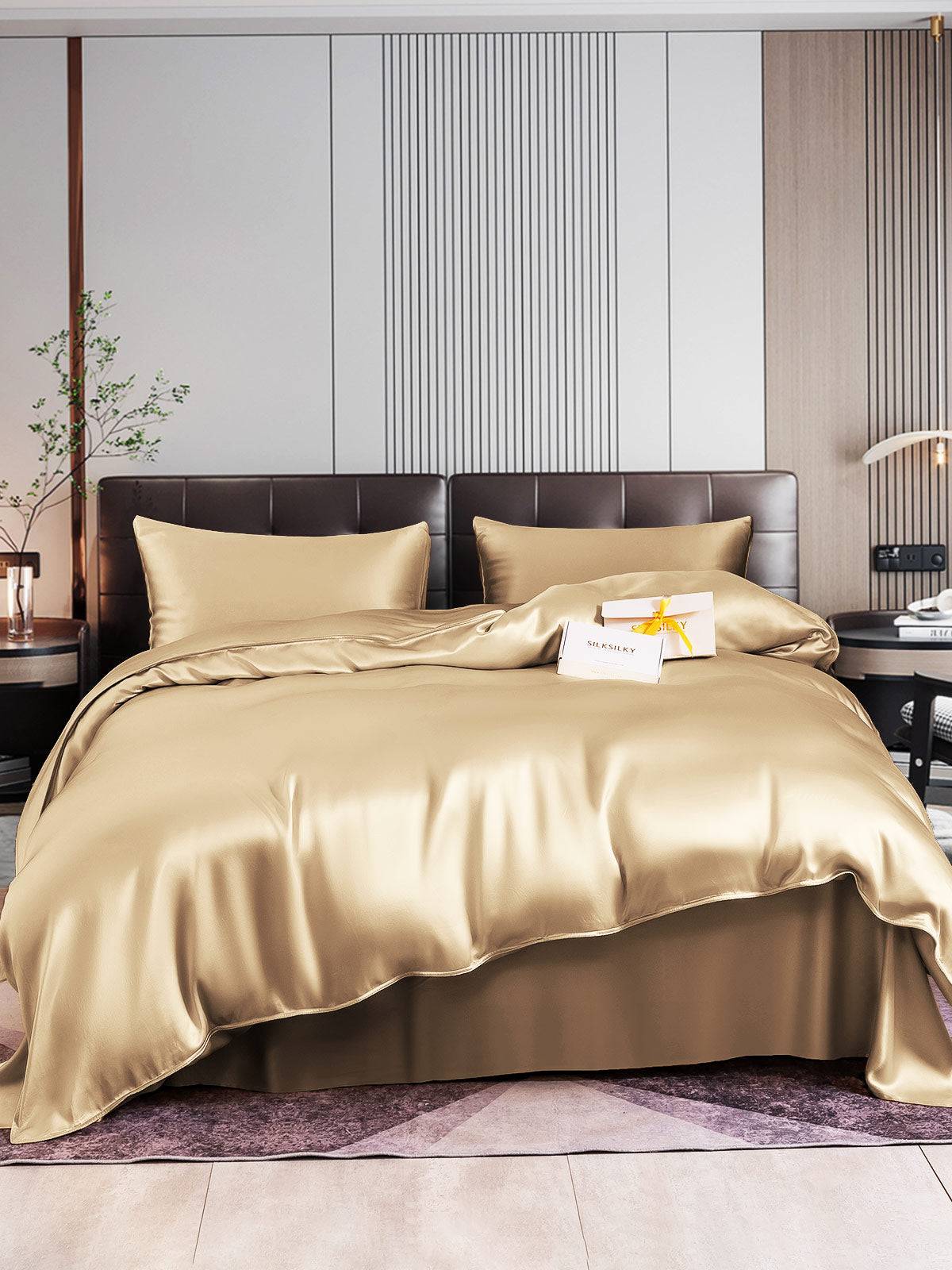 22Momme 4st Siden Sängkläder Set (Påslakan + Plattlakan + 2x Örngott) - Beige / 1.4m Säng
