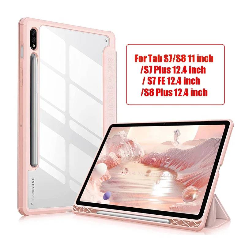 For Samsung Galaxy Tab S9 S8 S7 Plus FE 12.4inch Case Transparent Back Tablet Cover Tab S9 S7 S8 11"2023 Case With Pencil Holder
