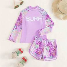 Tween Girl Tropical Print Random Mix Badkläder Set For Vacation Beach - Mauve Lila (8Y,9Y,10Y,11-12Y)