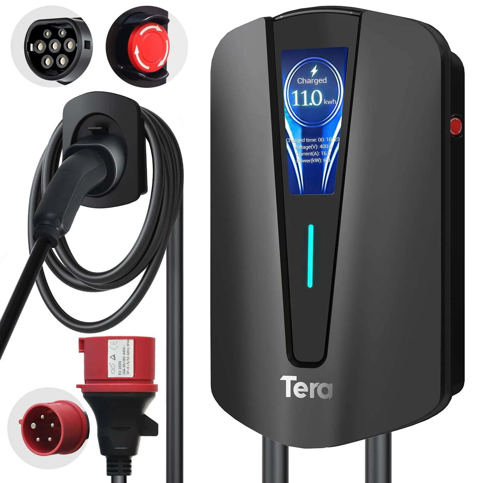 Oplader til elbil Type 2 Vægmontering - Tera Q8 EV Charger - 11kW / 16A (7 meter kabel)