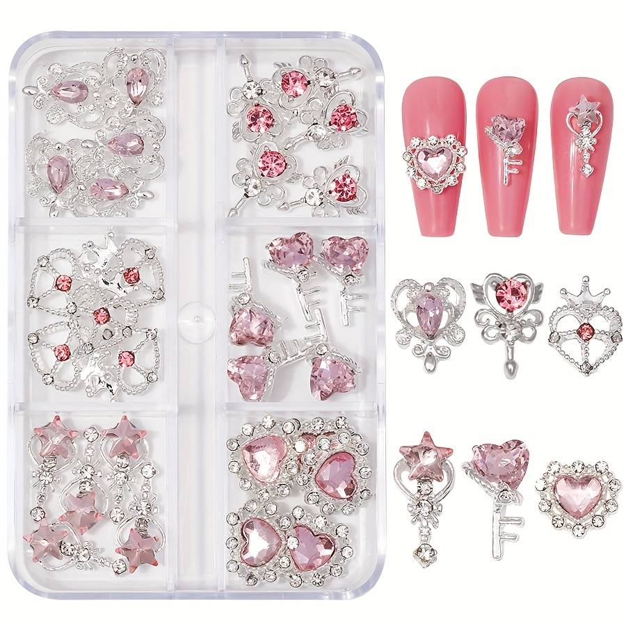 30pcs 3d Pink Nail Charms For Nail Art 3d Decoration Set Silvery Base Nail Studs Colorful Pink Heart Nail Rhinestones Crystals Nail Art Jewelry For Actylic Nails