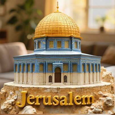 Jerusalem Dome of the Rock gyllene ikon över antik stenmagnet där himlen bugar i guld och azur, minnessak för alla metallytor i hela hemmet