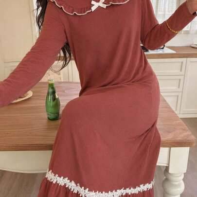 Mjuk nattlinne i ny stil med bönpasta-röd färg, lång ärm, volangkrage + spetskant, hudvänlig hemmapyjamas för kvinnor (L,M,S,XL,XS)