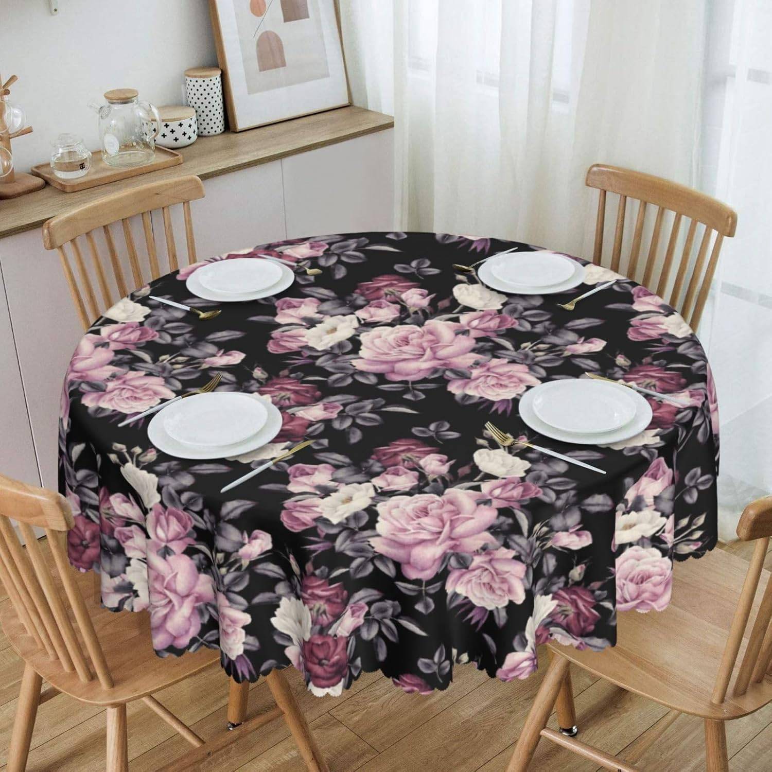 Akvarell Rosa Ros Pion Cirkel Duk - Vintage Blommig Svart Tvättbar Fest Middagsöverdrag gray