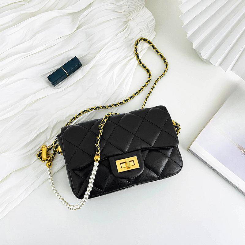 Diamond Check Embroidered Thread Small Bag Female Sweet Summer Chain Crossbody Bag Foreign Style All Shoulder Small Square Bag svart