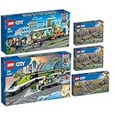 Lego City set med 5 delar: 60337 personsnabbtåg, 60335 tågstation, 60238 spårvidd och 2 x 60205 skenor