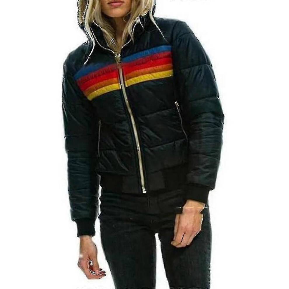 (M, Black) Womens Rainbow Zip-up Winter Down Casual Striped Hooded Puffer Coat