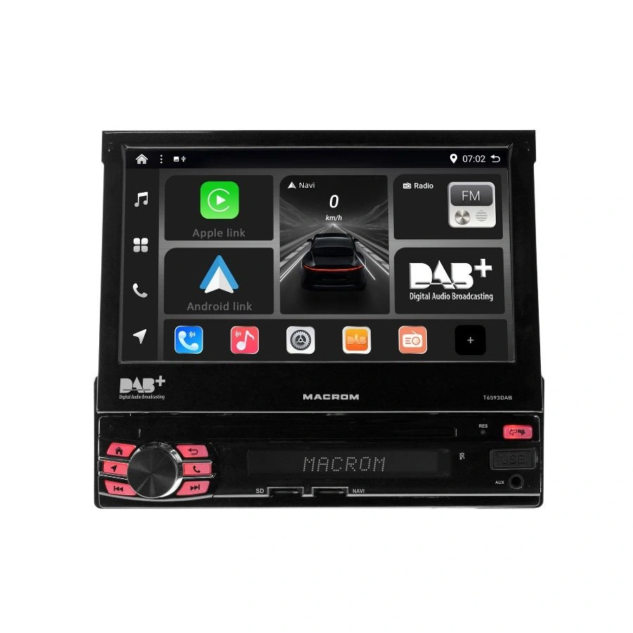 Macrom T6593DAB – 1-DIN bilstereo med motoriserad 7" skärm och Android 13