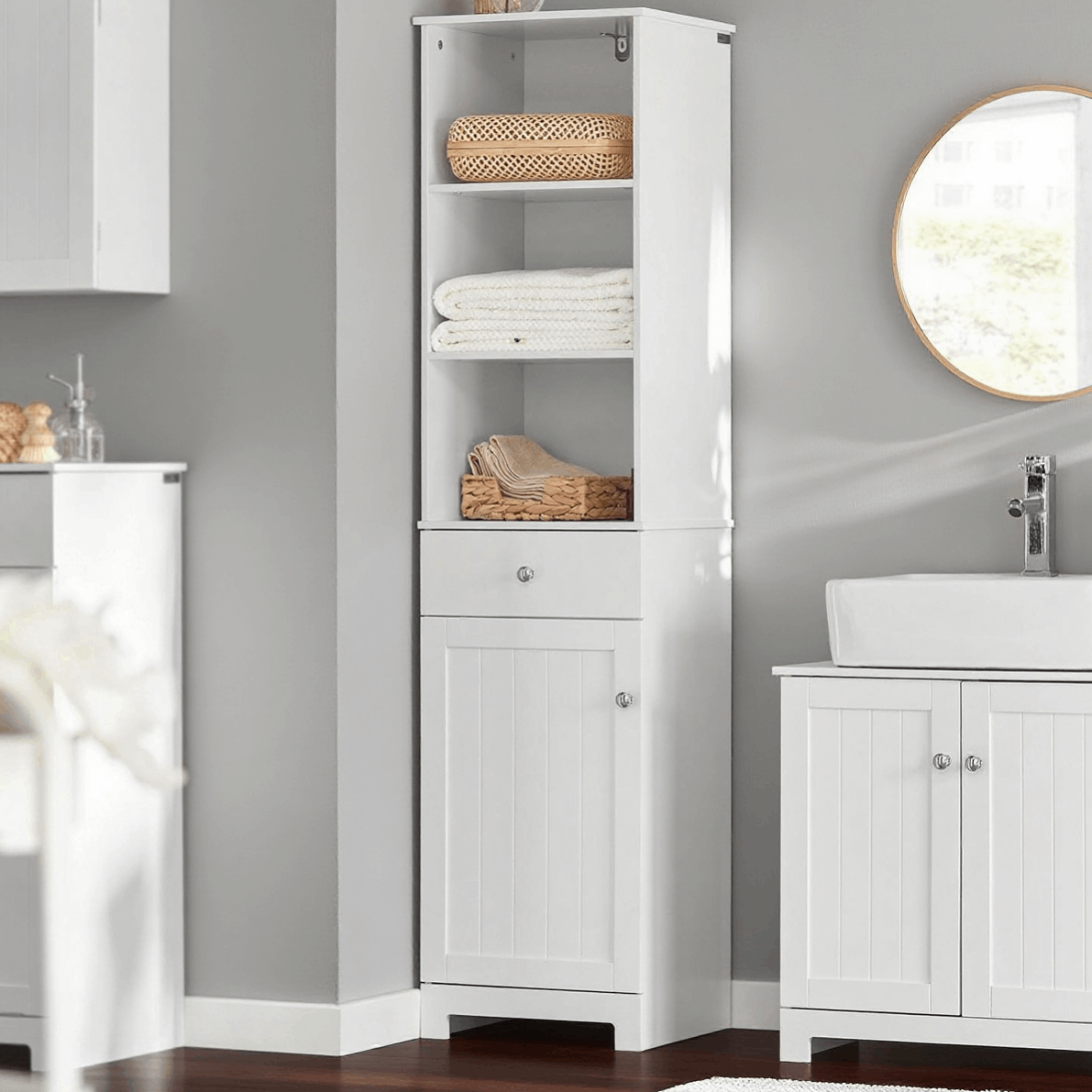 TEMU 1pc Of Bathroom Column Bathroom Furniture Bathroom Storage With Cabinet And 3 Open Shelves, Small Compact Furniture With 1 Drawer For Wc, Room 40x161x35 Cm - Cas28-x