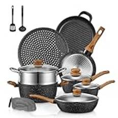 FOHERE Krukor och stekpannor set med lock 15 st, aluminium induktionskokkärl, med stekpannor, kastruller, fondgryta, pizzapanna, stekpanna och matångare, silikonmatsil