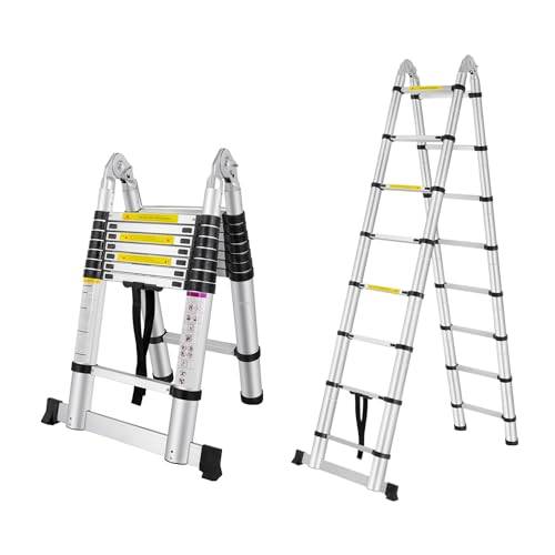 UISEBRT 3,8 m teleskopstege hopfällbar teleskopstege i aluminium utdragbar stege teleskopdesign multifunktionsstege 1,9 m + 1,9 m vikbar stående stege 150 kg lastkapacitet, silver