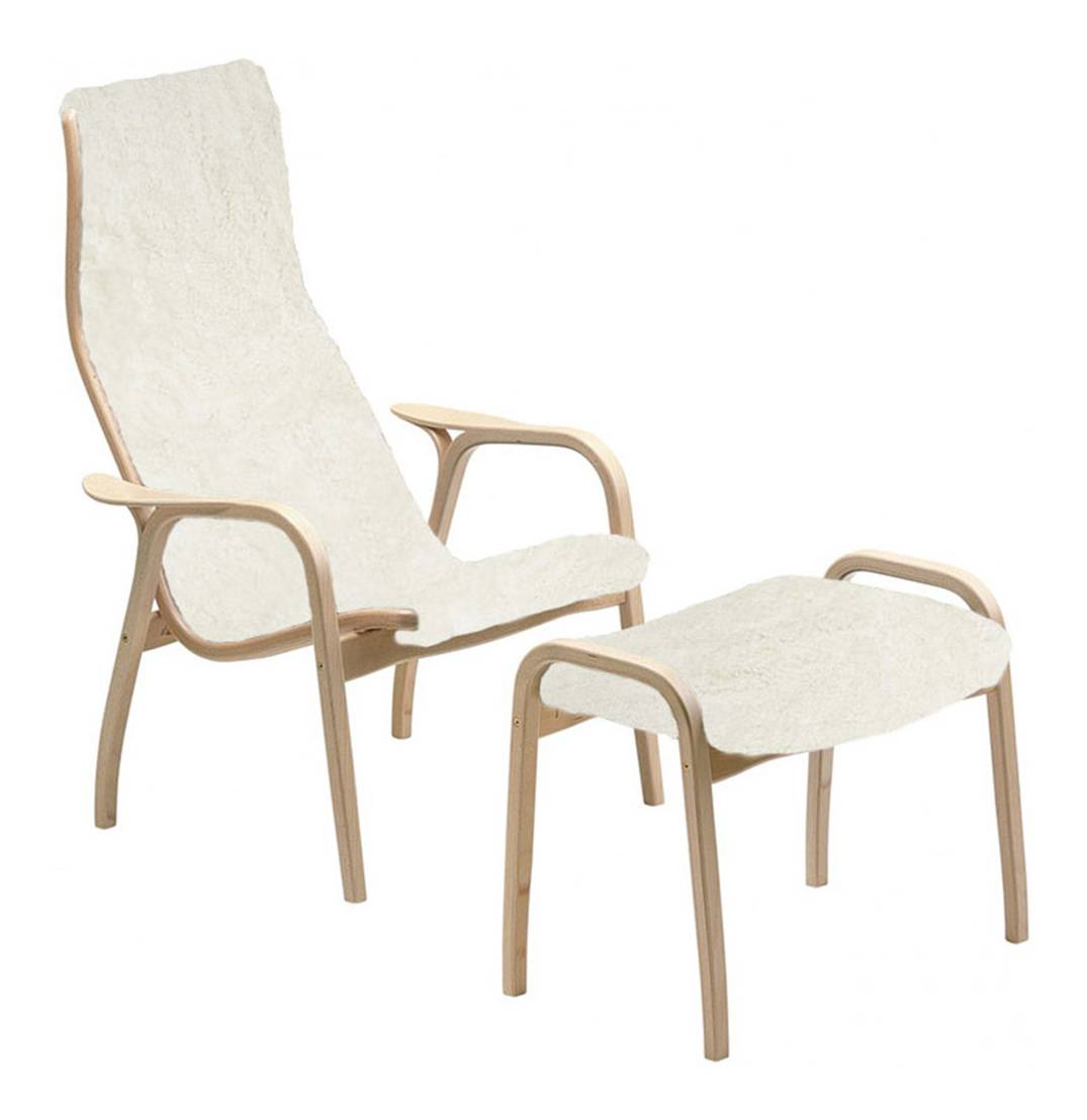 Lamino Fåtölj + Pall Bok Naturlack - Off-White Fårskinn