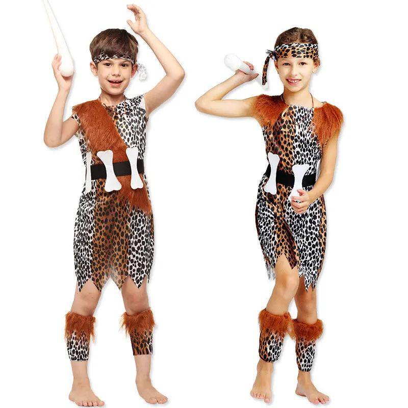Halloween Cosplay Cave Boys Girls Primitive Kids Child Historical Stone Age Caveboy Cavegirl Costume Stage Performance Outfits 121-135cm