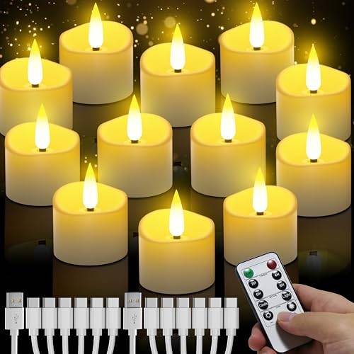 Uppladdningsbara LED-värmeljus med fjärrkontroll, 12 stycken, flamlösa LED-lampor med biltimerfunktion, emulering, elektriska ljus för bröllop, fester, halloween, jul, heminredning