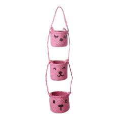 Rice - Raffia 3-Tier Hanging Storage with Animal Faces - Pink
