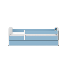 Babydreams juniorseng med vaskebjørn, m. madras, sengehest og skuffe - hvid og blå laminat (140x70)