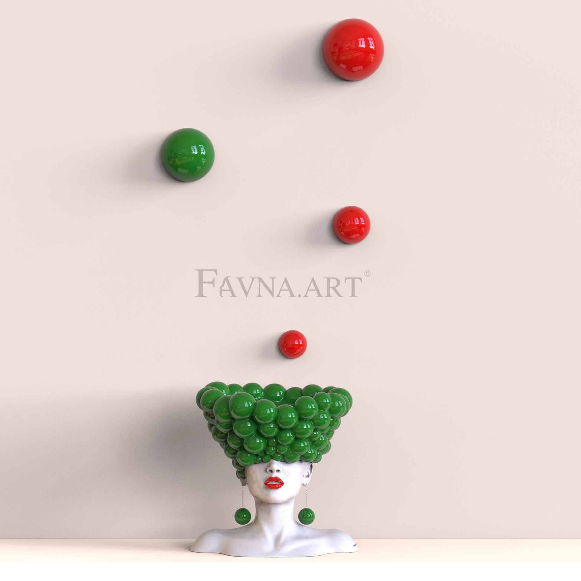 Conceptual Art Composition “Thoughts”, Wall Art- Sculpture and wall-mounted half-spheres green - With 4 half-spheres