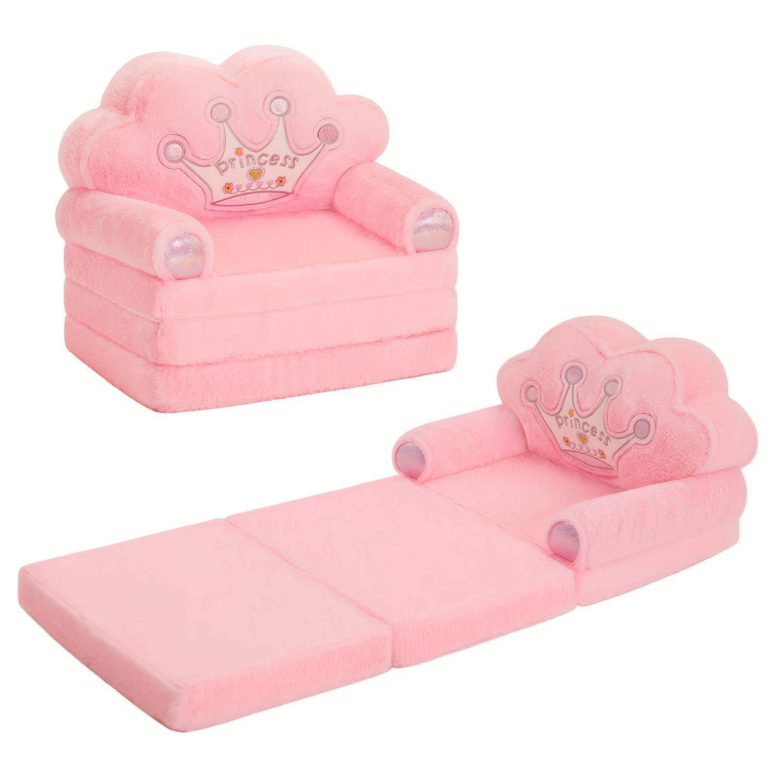 Kids Sofa, Pink Princess 2-in-1 Foldable Flip Chair, High Sponge, Super Soft Plush Armchair For Girls Bedroom, Birthday Christmas Gift