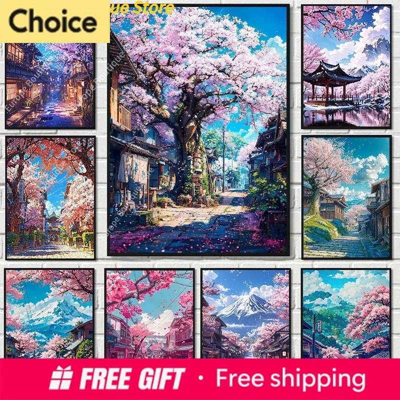 2026 1pc frameless Diamond painting Japanese Cherry Blossom Village Poster Flora Tree Street Pathway Mount Fuji Diamond Painti