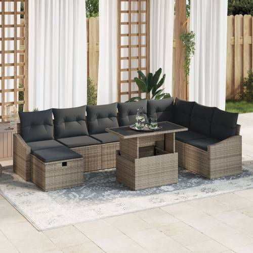 Trädgårdsoffset med kudde med lagring 9 pcs Grå Poly rattan