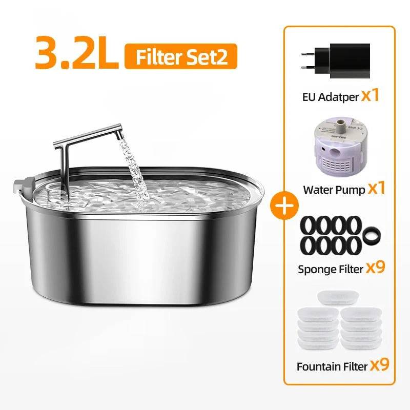 Premium Stainless Steel Cat Water Fountain with Automatic Flow System - Filter Set2 / 3.2L
