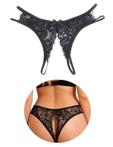 ohyeahlady Erotische Unterwäsche Damen mit Loch Unterhosen Damen im Schritt Offen Spitze String Tanga Sexy Dessous Curvy Ouvert Slip Offen Frauen Hipster Höschen Reizwäsche Schwarz,M