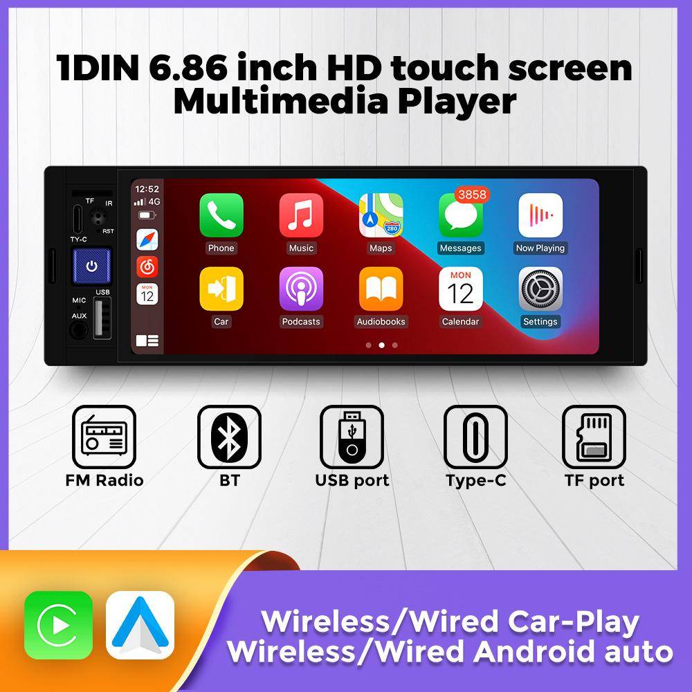 6,86 tum 1Din Carplay Android Auto Bilradio Multimedia Video MP5-spelare med BT FM Stereo USB Typ-C-kontakt Autoradio