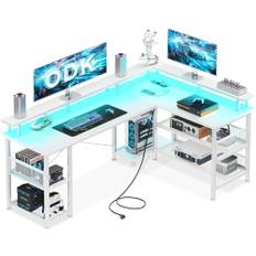 ODK Spelskrivbord med LED, vändbart hörnskrivbord med 2 uttag och 2 USB-portar, stort hörnspelskrivbord med näthylla, vit 150 × 102 cm
