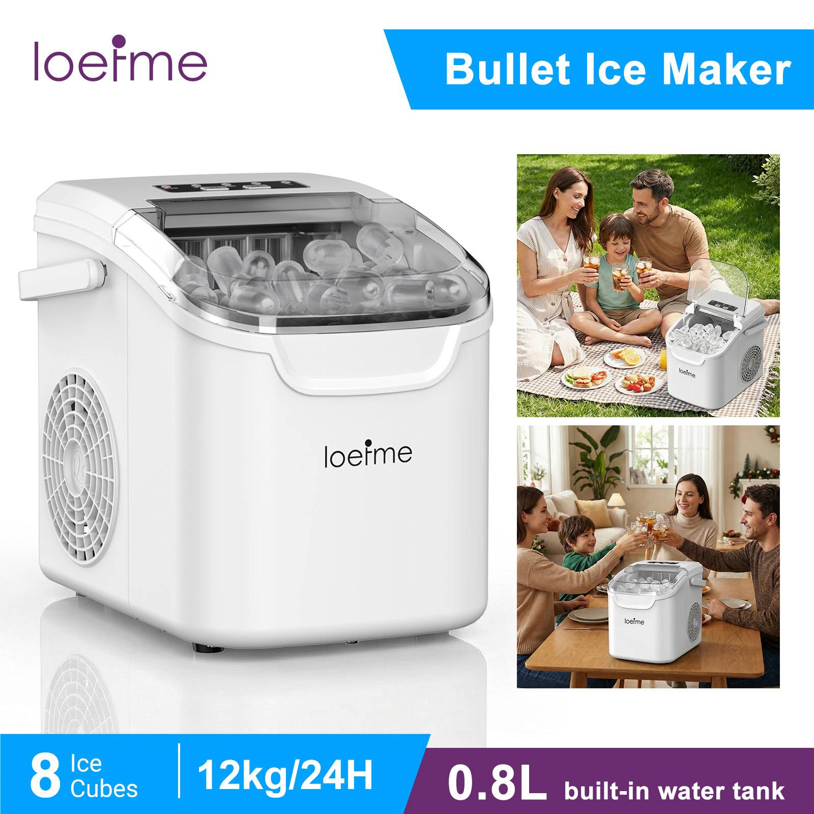 LOEFME 12kg/24h Portable Ice Maker 6 Min Fast Ice Making Machine 2 Sizes Ice Cubes Mini Countertop Ice Maker with Scoop Basket Home Kitchen