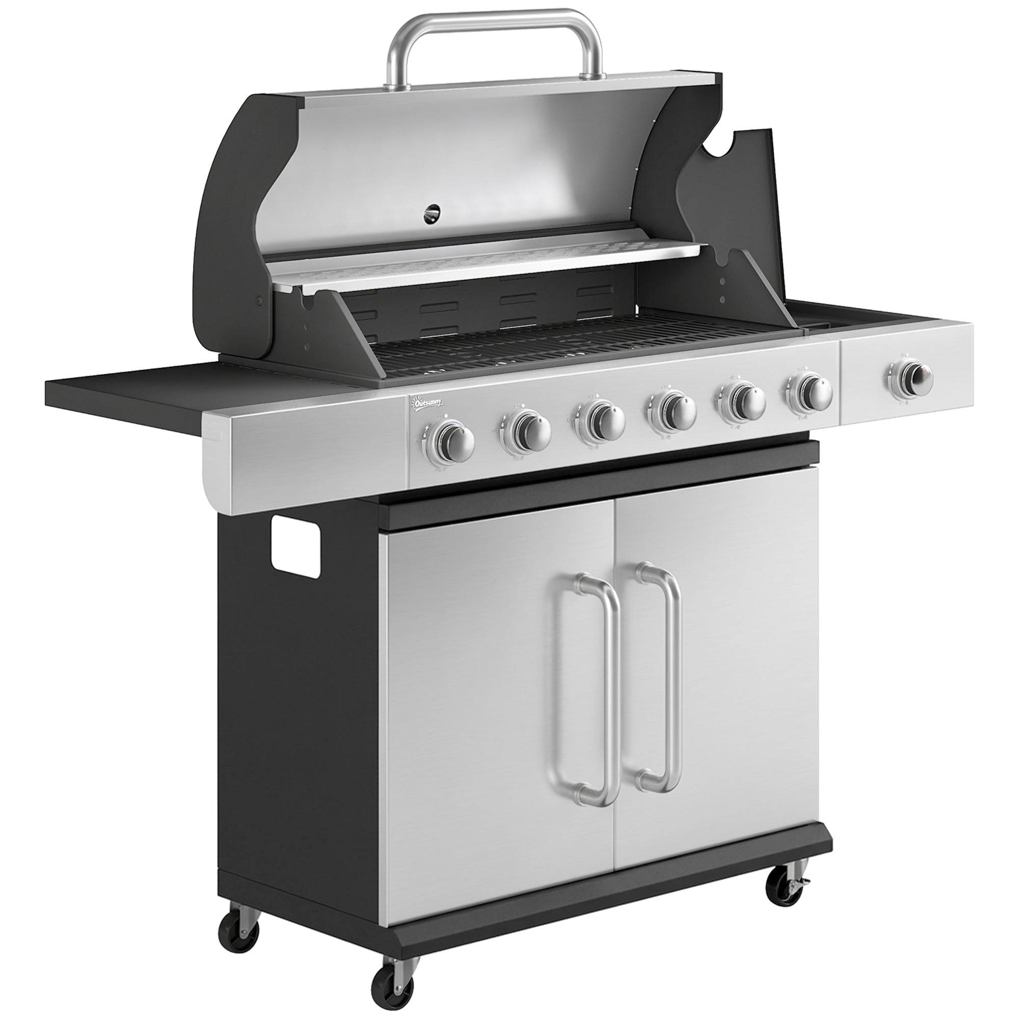 Gasgrill 18,6 KW 6+1 brænder BBQ grillvogn lavet af rustfrit stål inkl. hjul, termometer, varmerist, sidebord, underskab