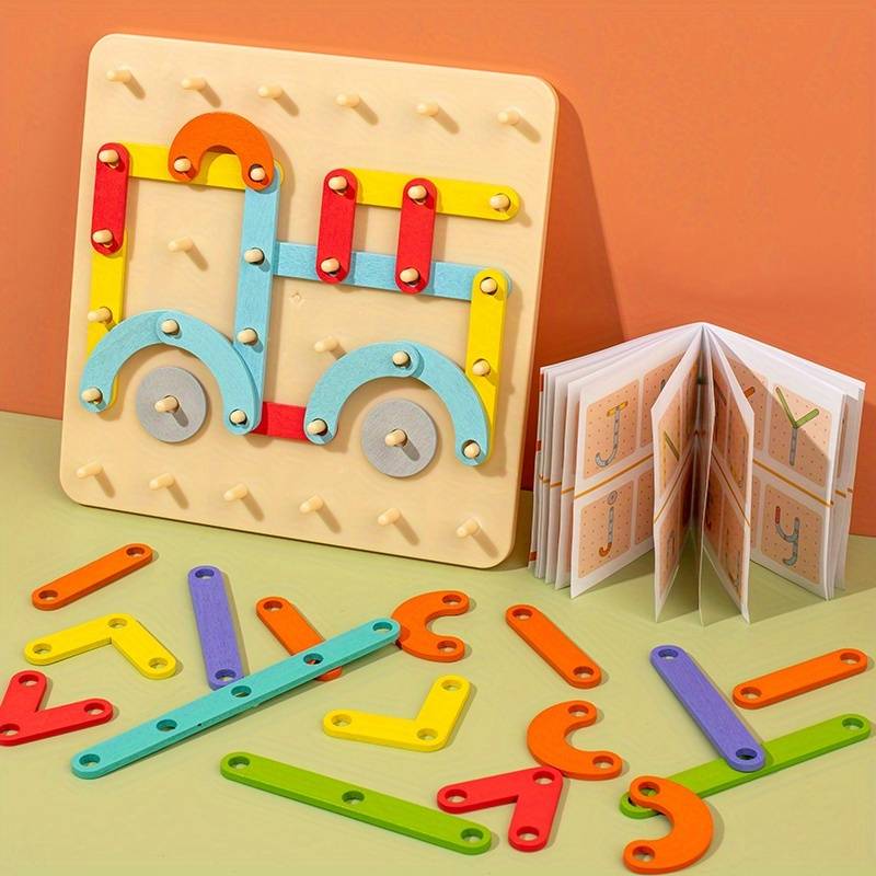 Children Wooden Geoboard Toys Nail Board Geometric Column Set Construction Puzzle Geometric Pegboard Sensory Toy