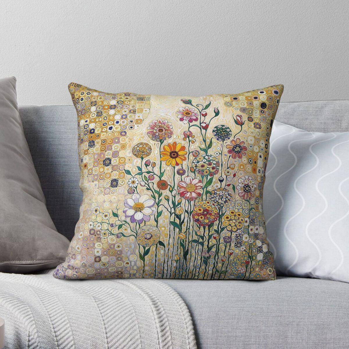 Gustav Klimt Blommande Trädgård Kvadratisk Kuddfodral Polyester Linne Sammet Mönster Dragkedja Dekorativ Hemkuddeöverdrag 45x45