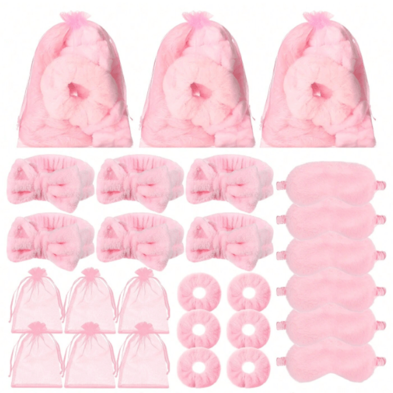 TEMU 24pcs Spa Sleepover Party Supplies 6 Headband 6 Pink Plush Sleep Eye Mask 6 Pink Velvet Scrunchies 6 Organza Bags For Slumber Party Favors Gift