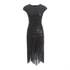 Vintage Flapper Kjoler fra 1920'erne til Kvinder Krystalperlebesatte Frynser Great Gatsby Kjole Sort