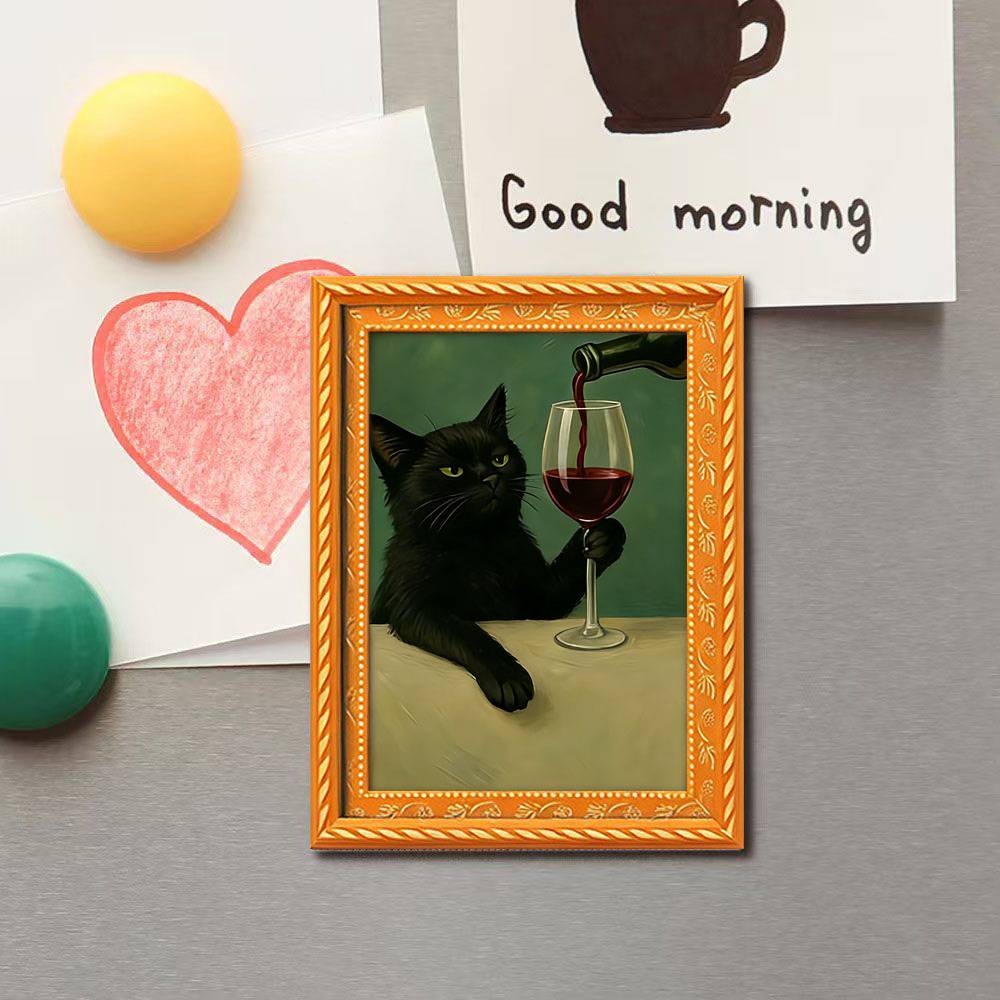 1 Piece of a Tipsy Black Cat Fridge Magnet, Fun Framed Decorative Painting, Wooden Mini Hanging Picture, a Lazy Black Cat Sipping Wine, Unique Home Kitchen Decoration, Fun Gift, a Must-Have for Cat