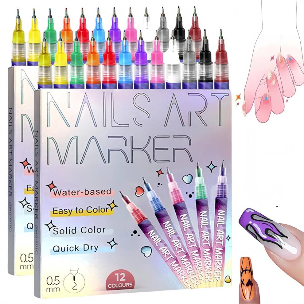 Neglekunstmarkører til gelnegle 12 farver - DIY neglekunstpen tegning maling 3D lak 2 sæt