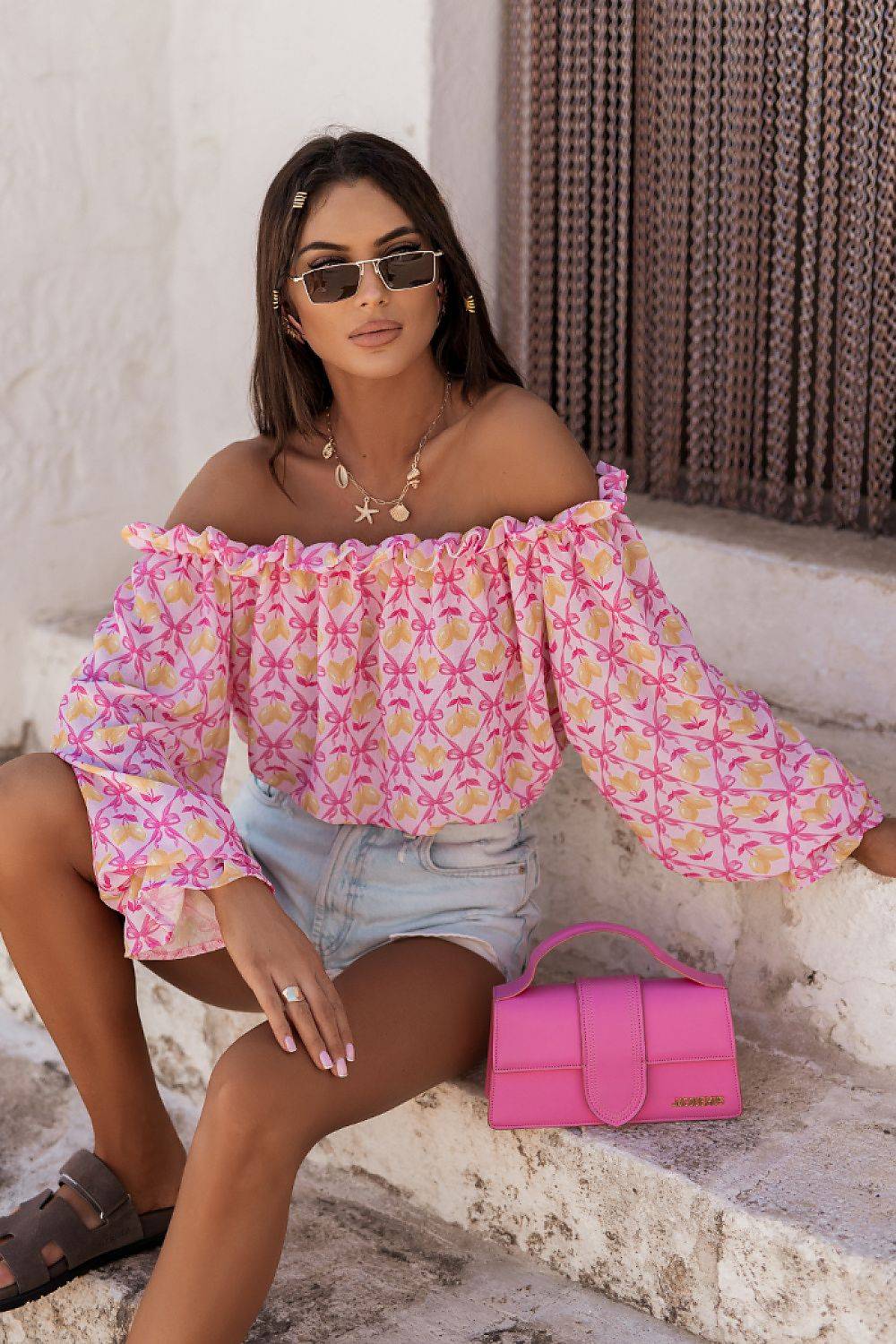 LaBalancia - Romantic Ruffled Off-Shoulder Long Sleeve Blouse - Pink Lemon Print - one-size-fits-all