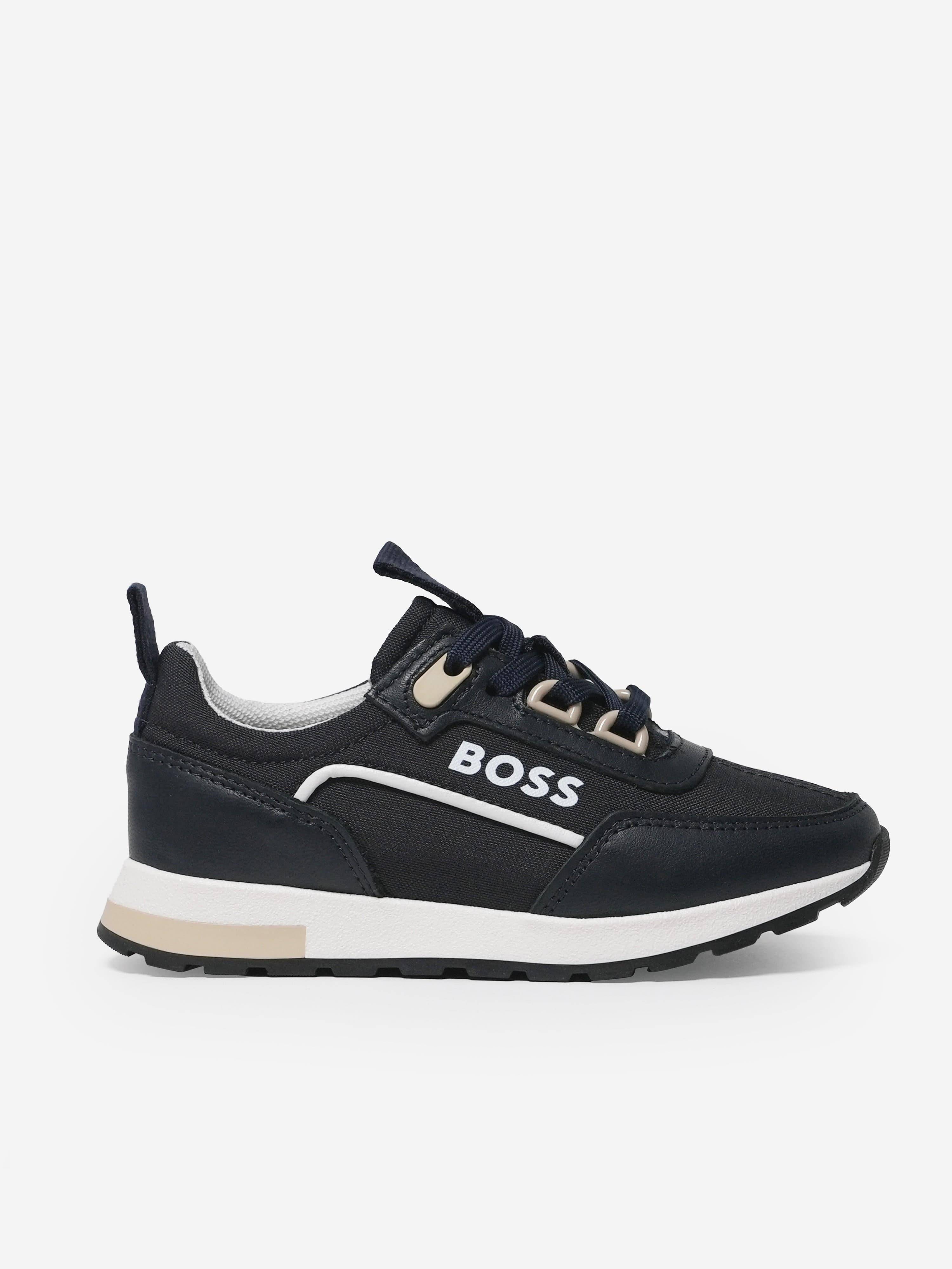 BOSS Boys Lace Up Logo Trainers in Navy - Navy / EU 28 UK 10