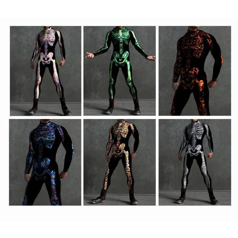Män Kvinnor 3D Färgglad Skelett Bodysuit Cyber Punk Jumpsuit Halloweenfest Karneval Cosplay Kostym Föreställning Romper Zentai cm
