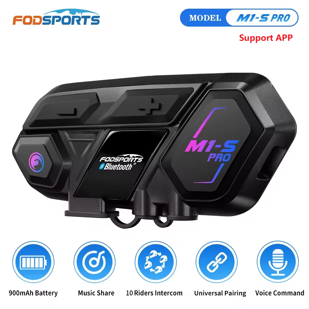 Fodsports M1-S Pro Motorcycle Intercom Bluetooth Helmet Headset 10 Riders 2000M Communicator BT Interphone,Support APP.