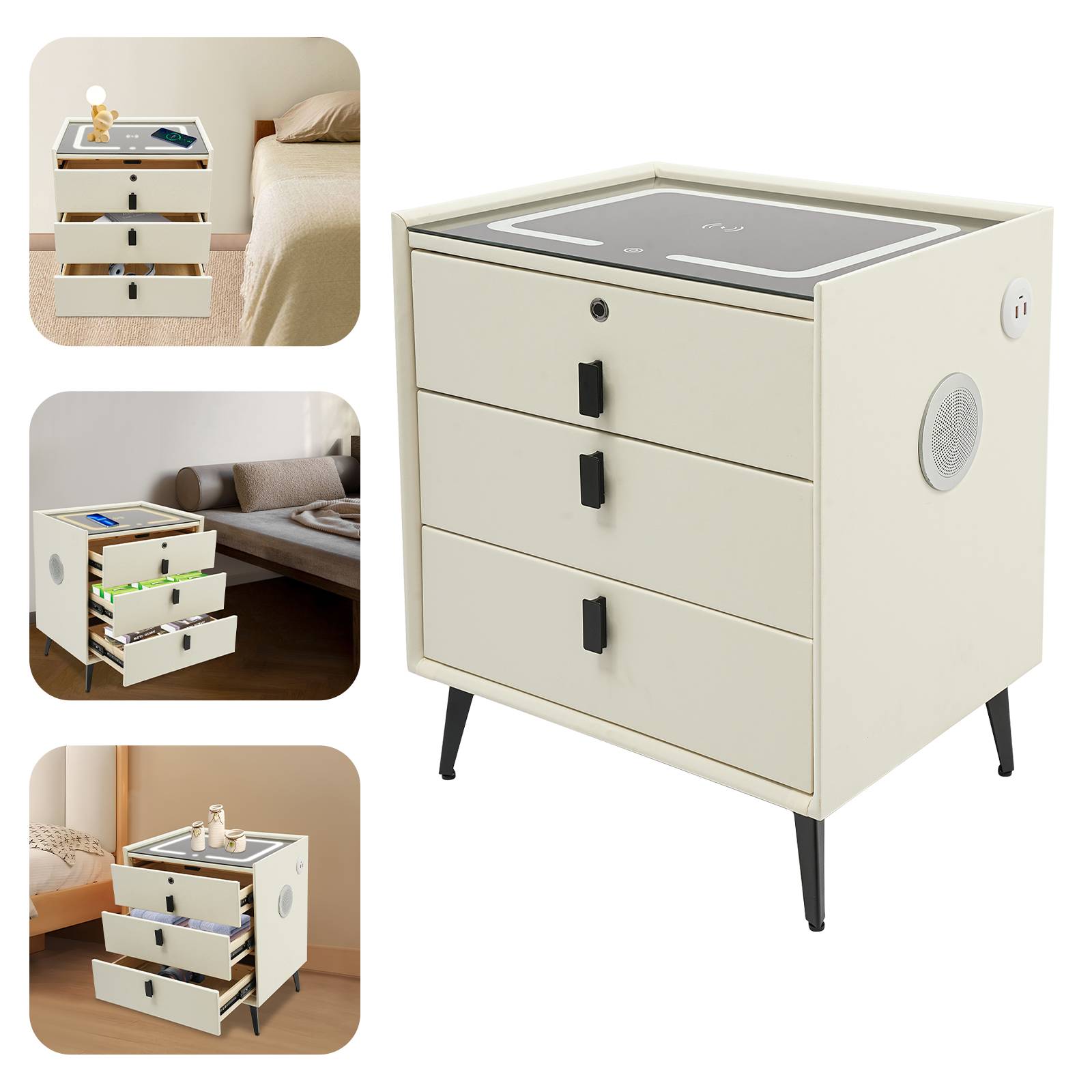Smart Bedside Table with 3 Drawers USB Three-color LED Wireless Charging Port Fingerprint lock bluetooth for Bedroom Living Room