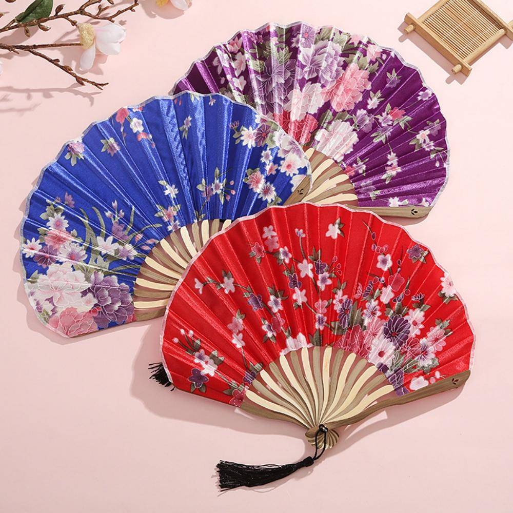 Japansk Lila Fläkt Pionblomma Vikbar Handfläkt Silkesduk Bamburam Med Tofs för Kvinnor Dansuppvisning Heminredning