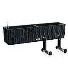 Lechuza Självvattnande kruka BALCONERA stuga 80 grafit svart plast balkongplanterare för räcke rotting look planterare H19 L 80 B 19 cm bunt med svarta balkongfästen